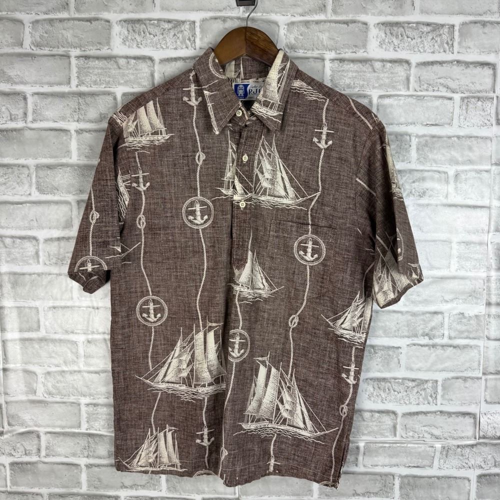 RJC Hawaiian Shirt Mens Large Brown Nautical Sailboat Anchor Cotton Made in USA